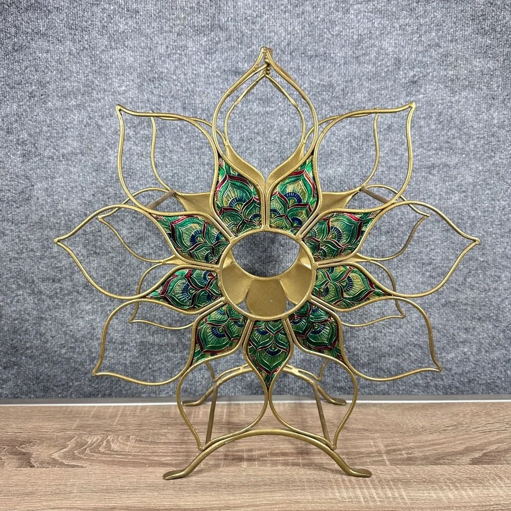 VTG Pier One Wine Rack Lotus Enamel Peacock Art Nouveau Bohemian Eclectic Jewel